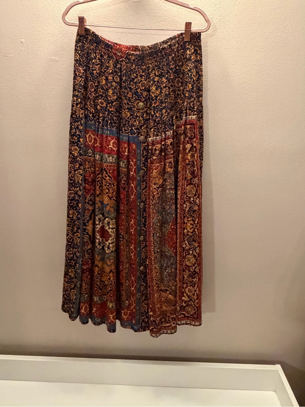 Carole Little Boho Patchwork Maxi Skirt in Red, Blue, Gold, Brown